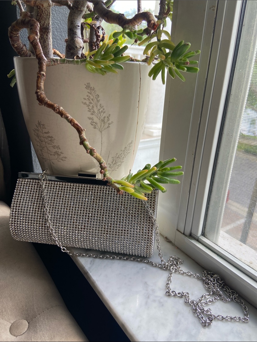 Charming Charlie Silver Rhinestone Chain Clutch